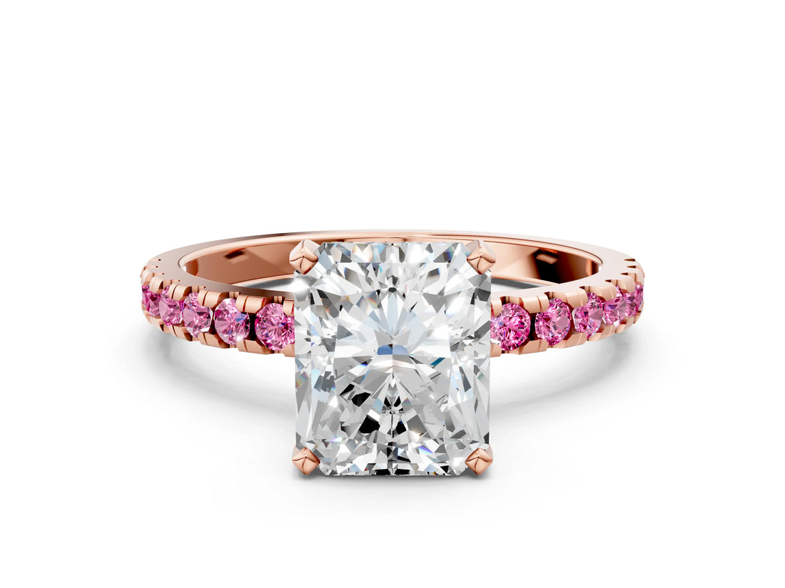 Rose gold Radiant Cut Diamond Solitaire Ring with Round with Pink Sapphire side stone Pavé Band and Four-Prong Setting_36