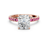 Rose gold Radiant Cut Diamond Solitaire Ring with Round with Pink Sapphire side stone Pavé Band and Four-Prong Setting_36