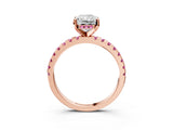 Rose gold Radiant Cut Diamond Solitaire Ring with Round with Pink Sapphire side stone Pavé Band and Four-Prong Setting_39