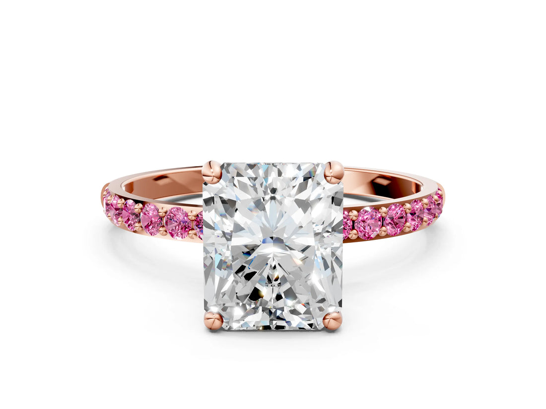 Rose gold Radiant Cut Diamond Solitaire Ring with Round with Pink Sapphire side stone Pavé Band and Prong Setting_12