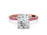 Rose gold Radiant Cut Diamond Solitaire Ring with Round with Pink Sapphire side stone Pavé Band and Prong Setting_12
