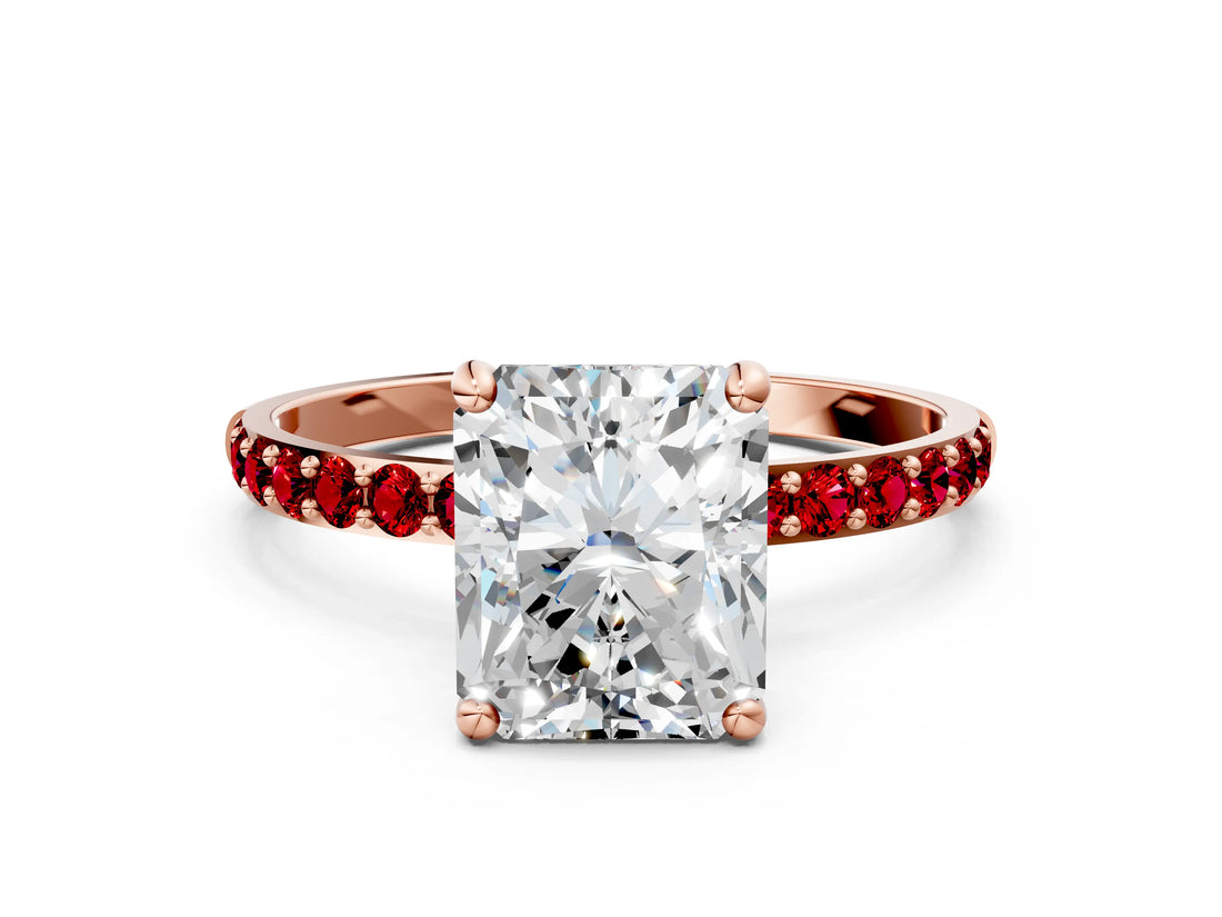 Rose gold Radiant Cut Diamond Solitaire Ring with Round with Ruby side stone Pavé Band and Prong Setting_48