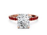 Rose gold Radiant Cut Diamond Solitaire Ring with Round with Ruby side stone Pavé Band and Prong Setting_48