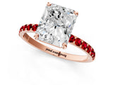 Rose gold Radiant Cut Diamond Solitaire Ring with Round with Ruby side stone Pavé Band and Prong Setting_49
