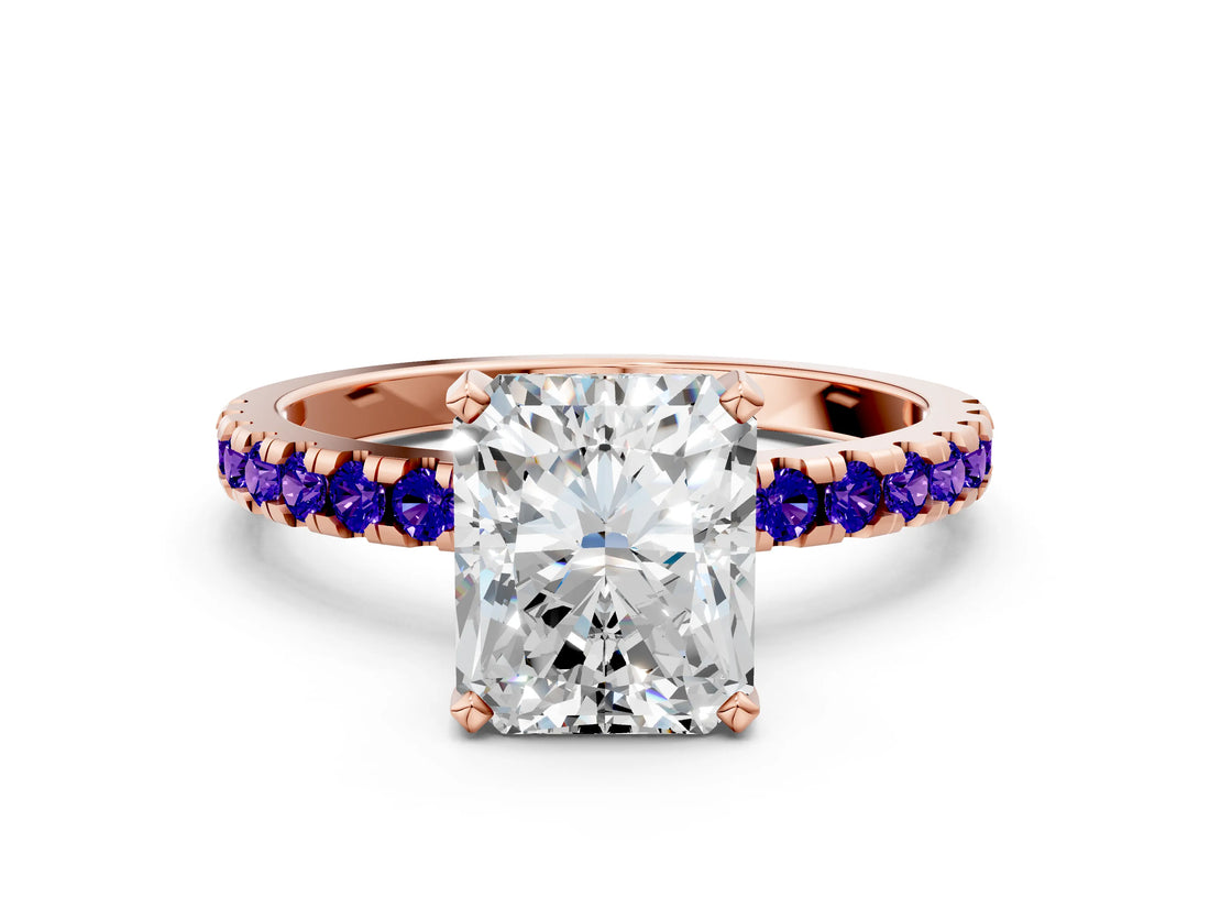 Rose gold Radiant Cut Diamond Solitaire Ring with Round with Tanzanite side stone Pavé Band and Four-Prong Setting_36