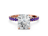 Rose gold Radiant Cut Diamond Solitaire Ring with Round with Tanzanite side stone Pavé Band and Prong Setting_12