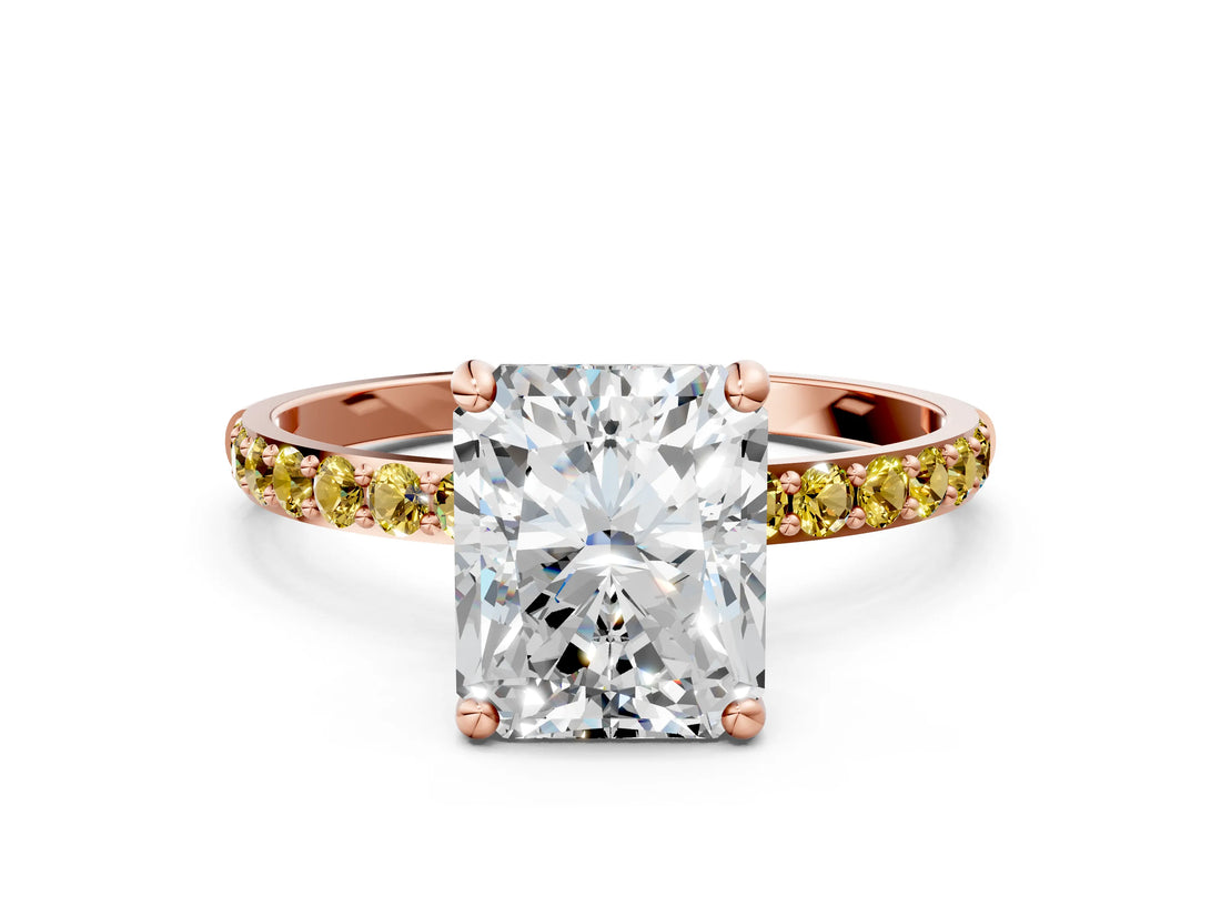 Rose gold Radiant Cut Diamond Solitaire Ring with Round with Yellow Sapphire side stone Pavé Band and Prong Setting_24