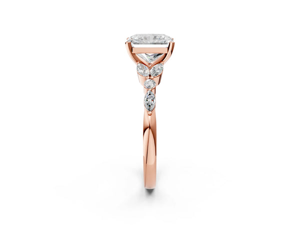 Rose Gold Radiant Cut Marquise Side Stone Engagement Ring Setting