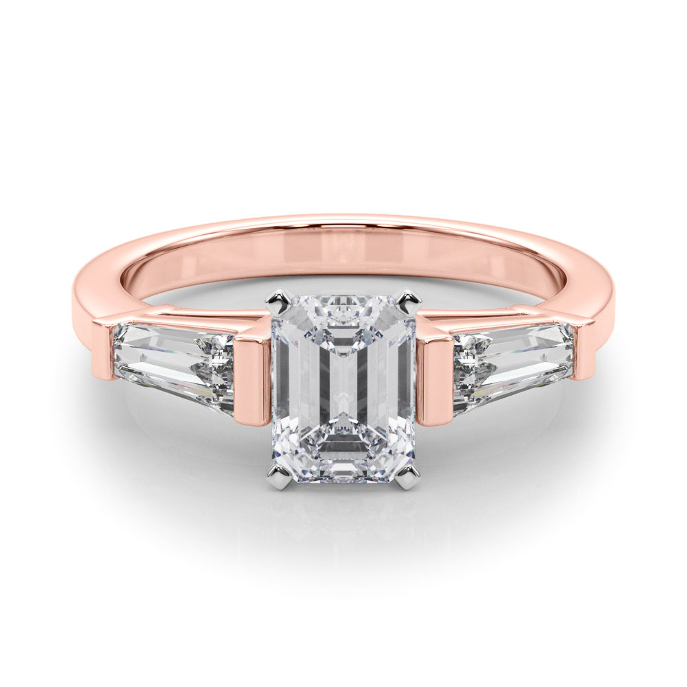 Rose gold Radiant Cut Diamond Solitaire Ring with Tapered Baguette Accents and Four-Prong Setting