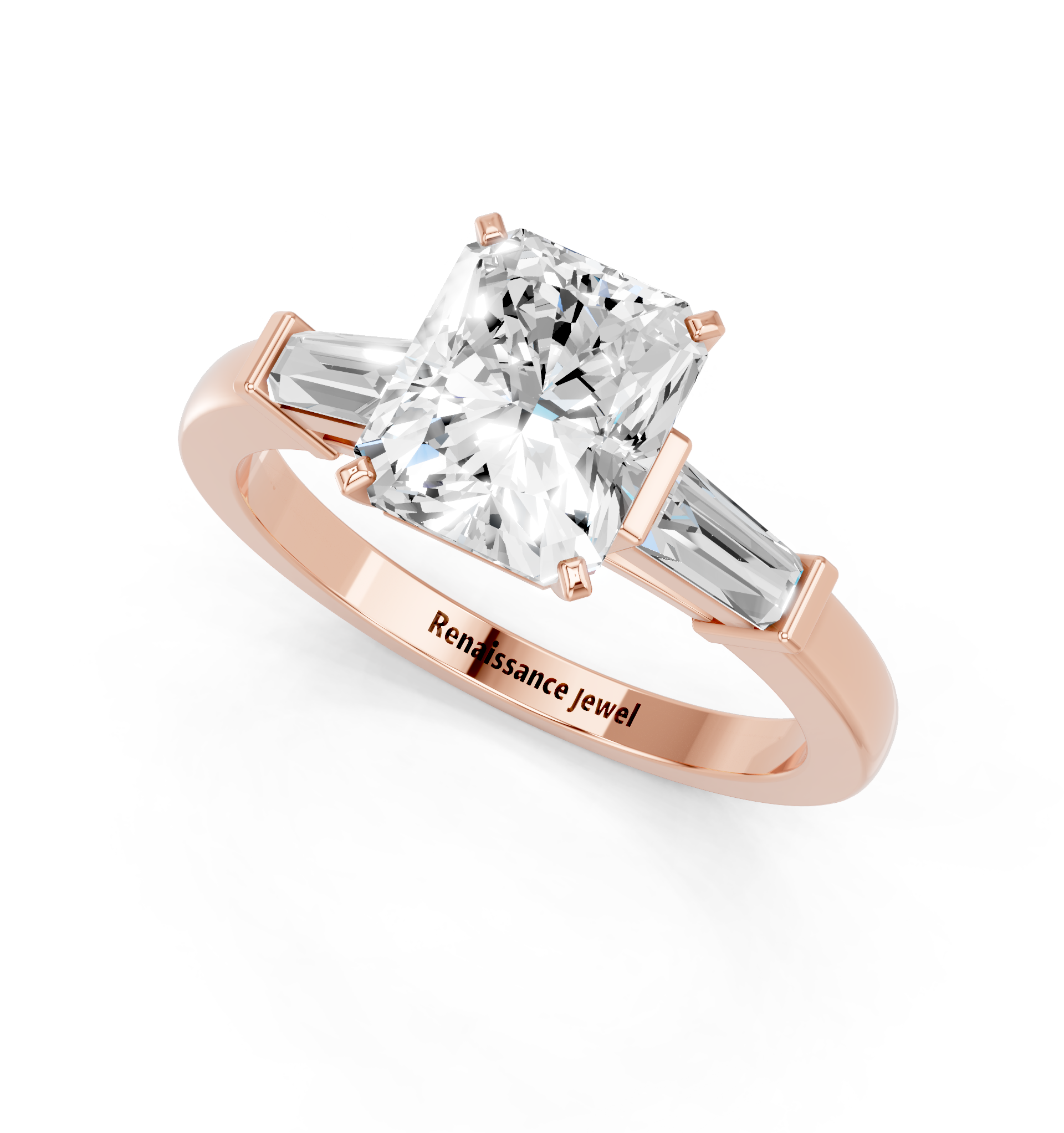 Rose gold Radiant Cut Diamond Solitaire Ring with Tapered Baguette Accents and Four-Prong Setting_15