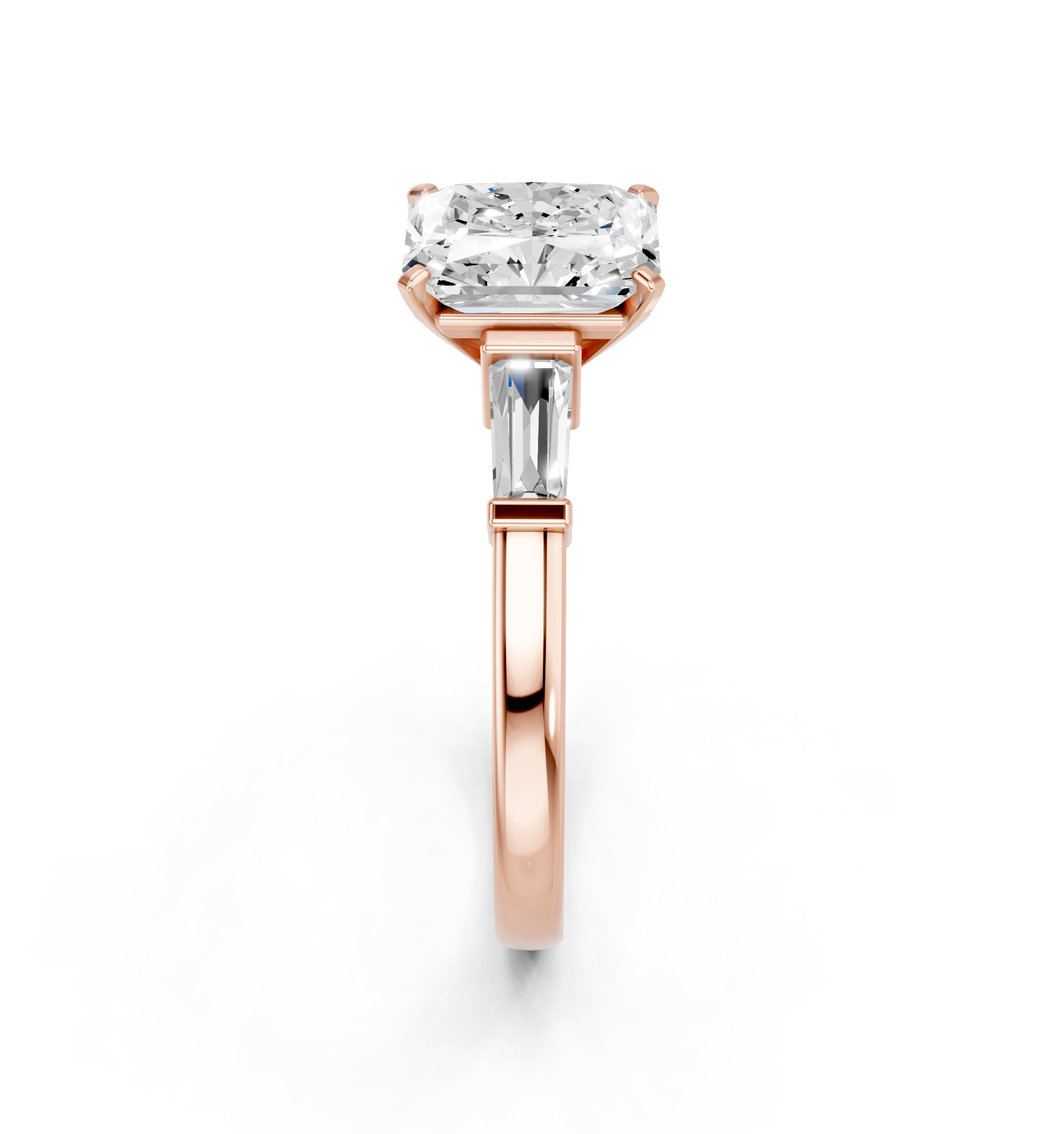 Rose gold Radiant Cut Diamond Solitaire Ring with Tapered Baguette Accents and Four-Prong Setting_16