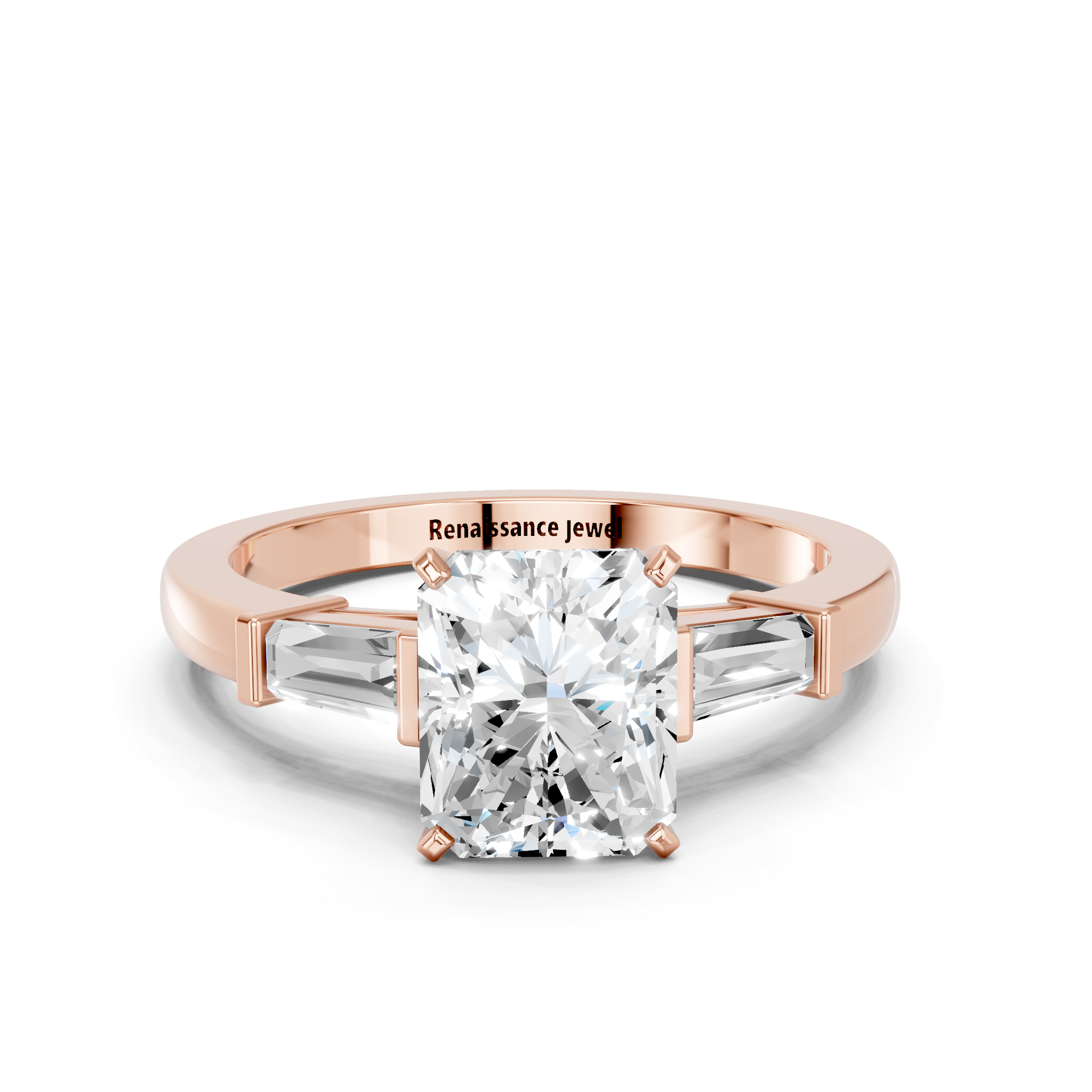 Rose gold Radiant Cut Diamond Solitaire Ring with Tapered Baguette Accents and Four-Prong Setting_23