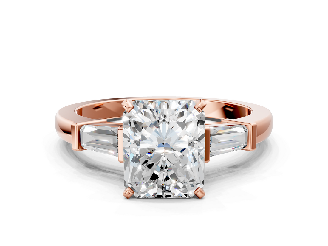 Rose gold Radiant Cut Diamond Solitaire Ring with Tapered Baguette Accents and Four-Prong Setting_69