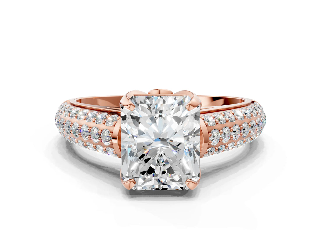 Rose gold Radiant Cut Diamond Solitaire Ring with Three-Row Pavé Band and Four-Prong Setting_35