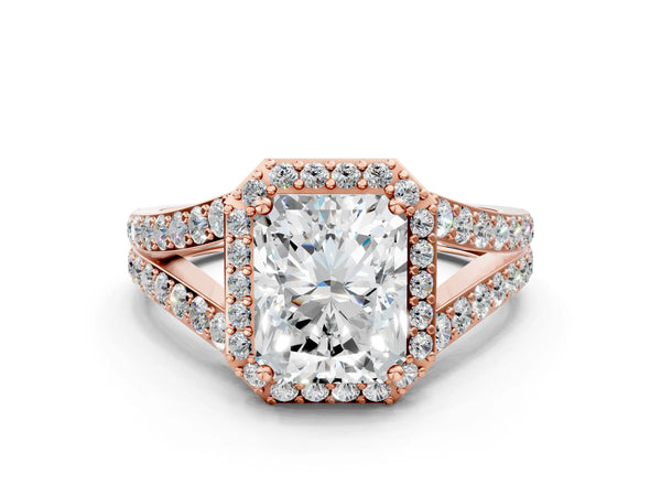 Rose Gold Radiant Cut Halo Engagement Ring Setting with Narrow Pave Split Shank