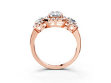 Rose gold Radiant Cut Diamond Three-Stone Halo Ring with Prong Setting and Pavé Accents_12