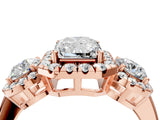 Rose gold Radiant Cut Diamond Three-Stone Halo Ring with Prong Setting and Pavé Accents_13