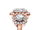 Rose gold Radiant Cut Diamond Three-Stone Halo Ring with Prong Setting and Pavé Accents_14