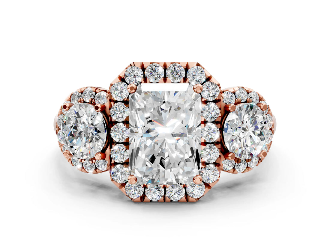 Rose gold Radiant Cut Diamond Three-Stone Halo Ring with Prong Setting and Pavé Accents_9