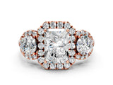 Rose gold Radiant Cut Diamond Three-Stone Halo Ring with Prong Setting and Pavé Accents_9