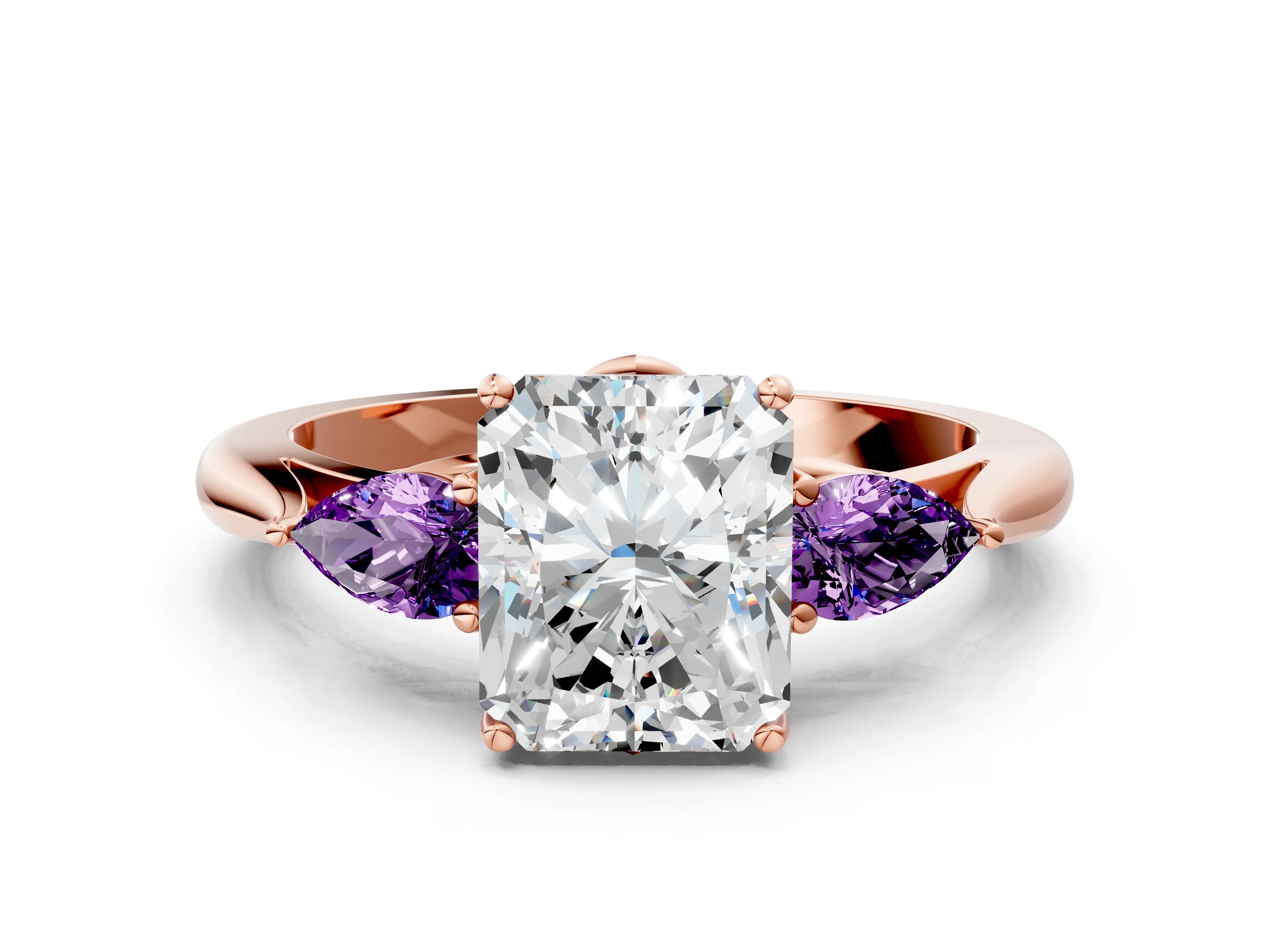Rose gold Radiant Cut Diamond Three-Stone Ring with Pear with Amethyst side stone Side Stones and Prong Setting