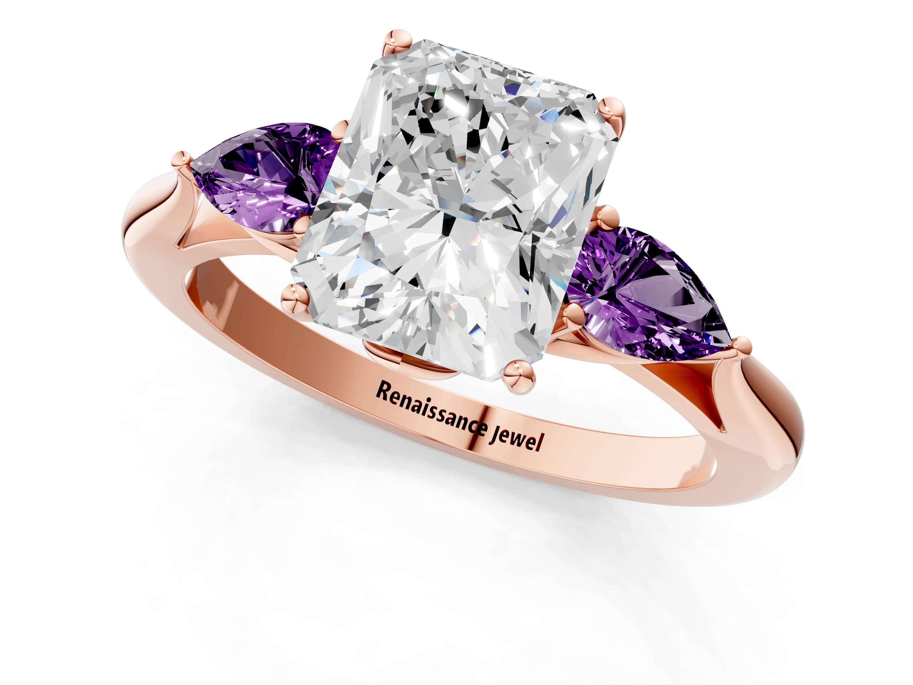 Rose gold Radiant Cut Diamond Three-Stone Ring with Pear with Amethyst side stone Side Stones and Prong Setting_1