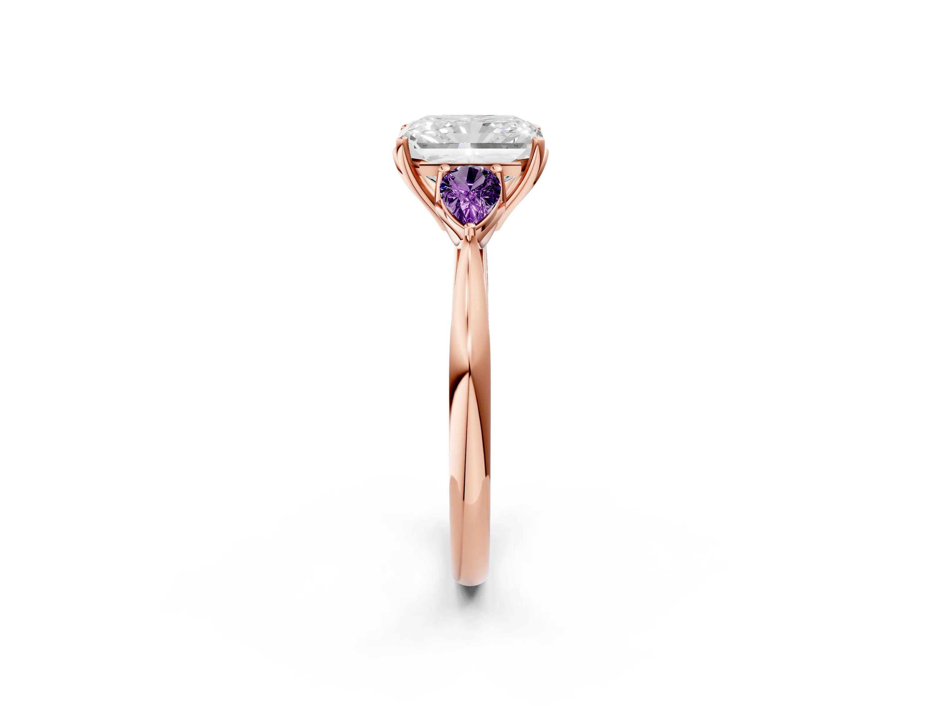 Rose gold Radiant Cut Diamond Three-Stone Ring with Pear with Amethyst side stone Side Stones and Prong Setting_2