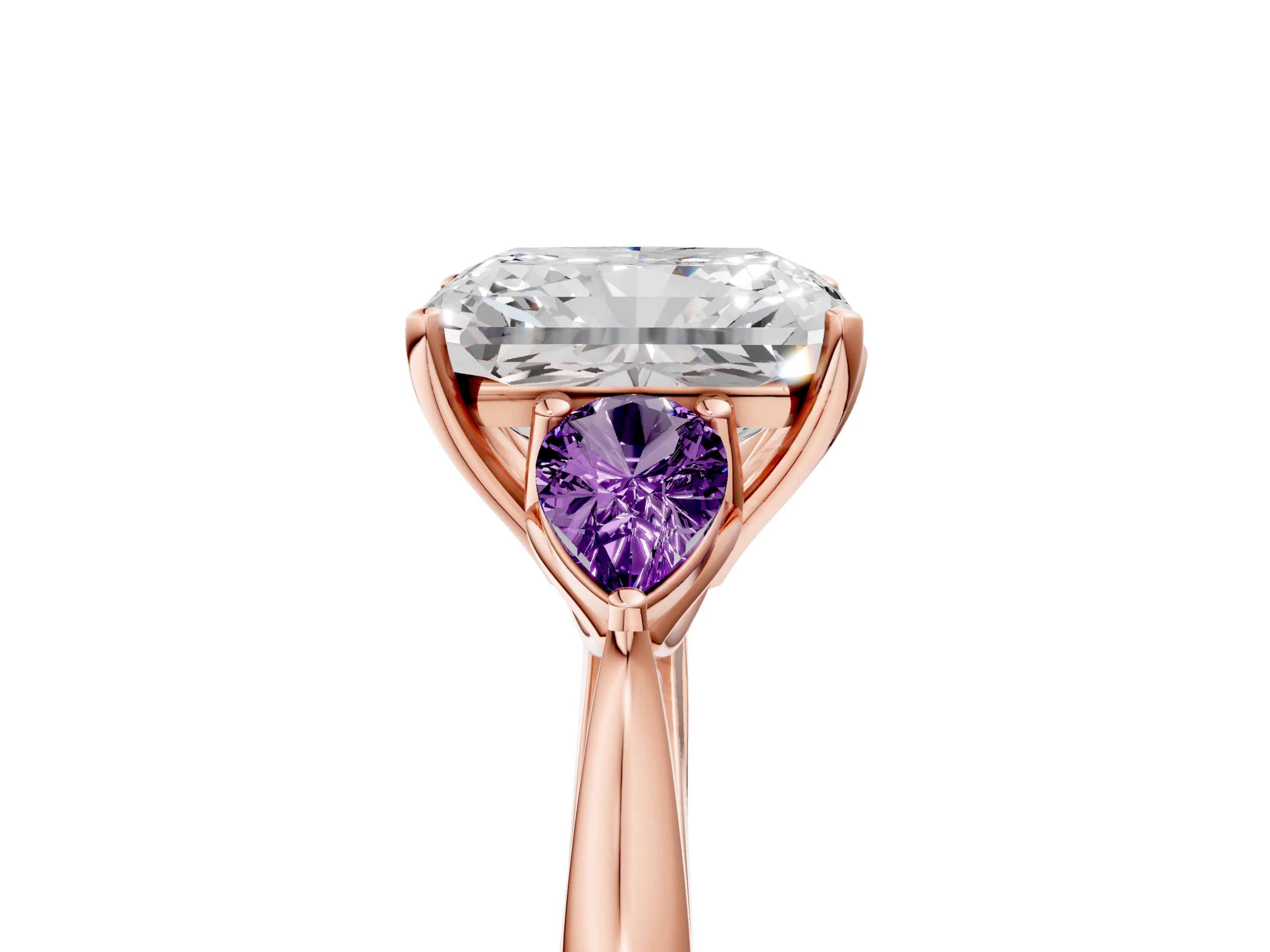 Rose gold Radiant Cut Diamond Three-Stone Ring with Pear with Amethyst side stone Side Stones and Prong Setting_5