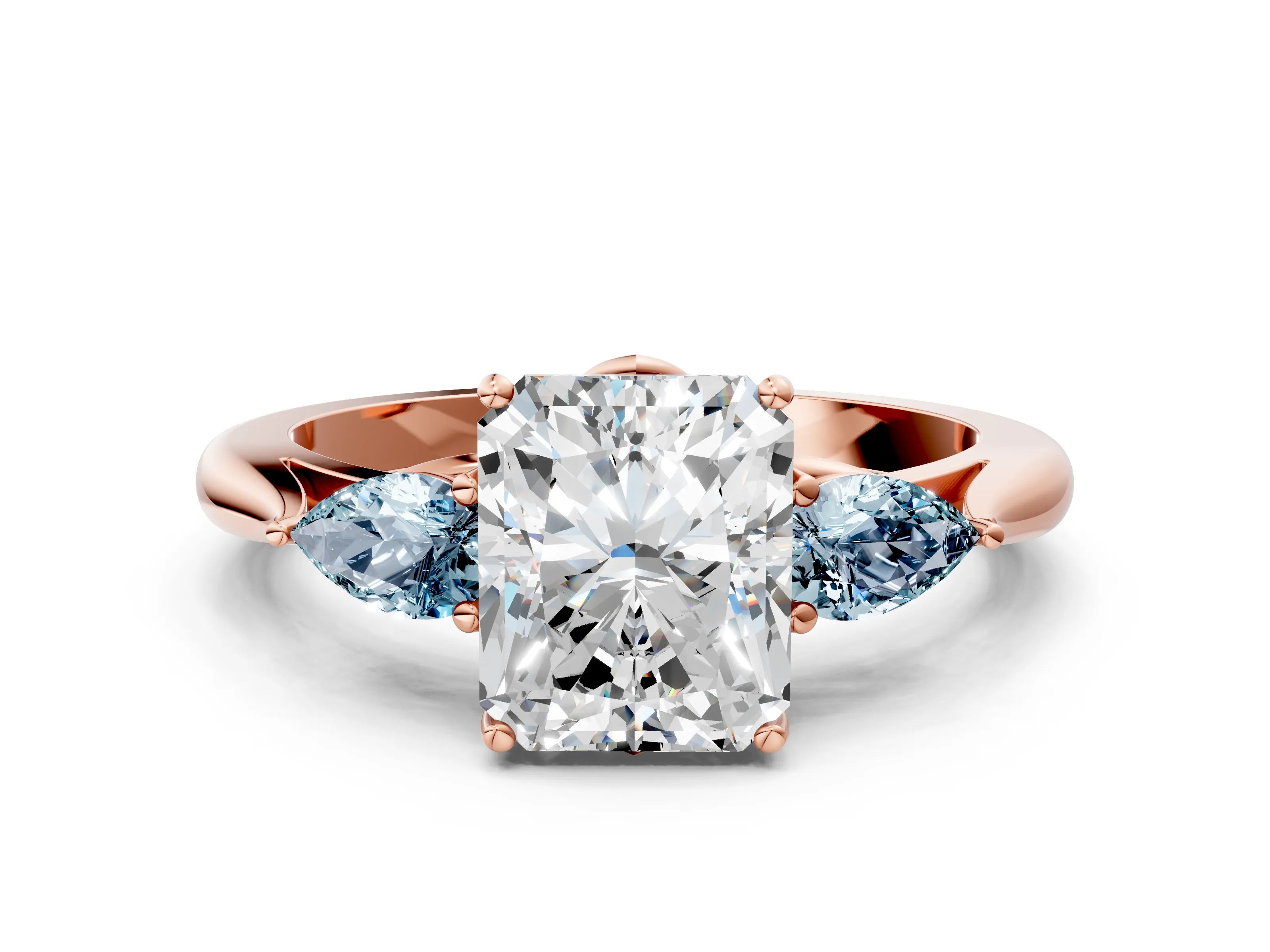 Rose gold Radiant Cut Diamond Three-Stone Ring with Pear with Aquamarine side stone Side Stones and Prong Setting