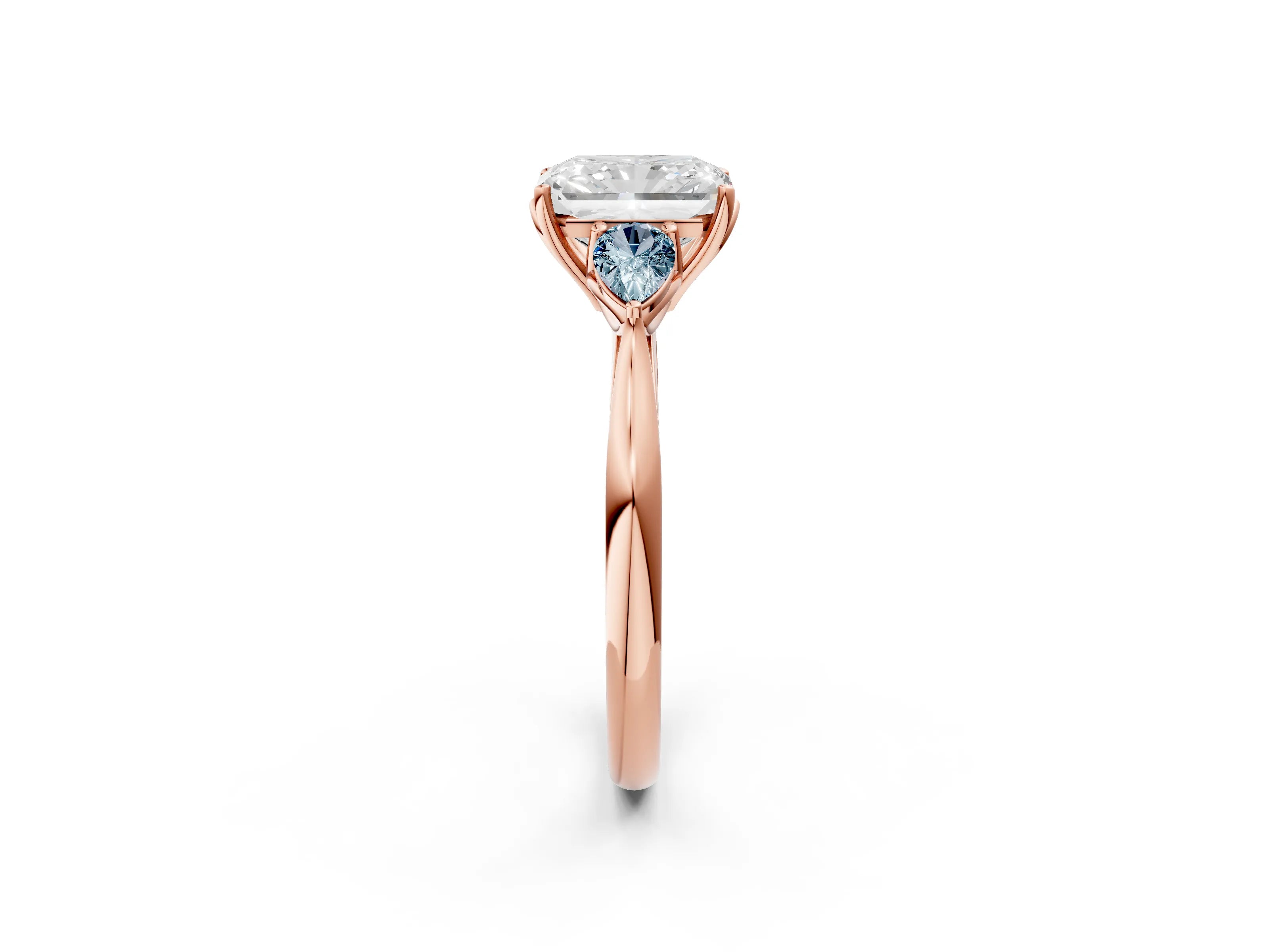 Rose gold Radiant Cut Diamond Three-Stone Ring with Pear with Aquamarine side stone Side Stones and Prong Setting_2