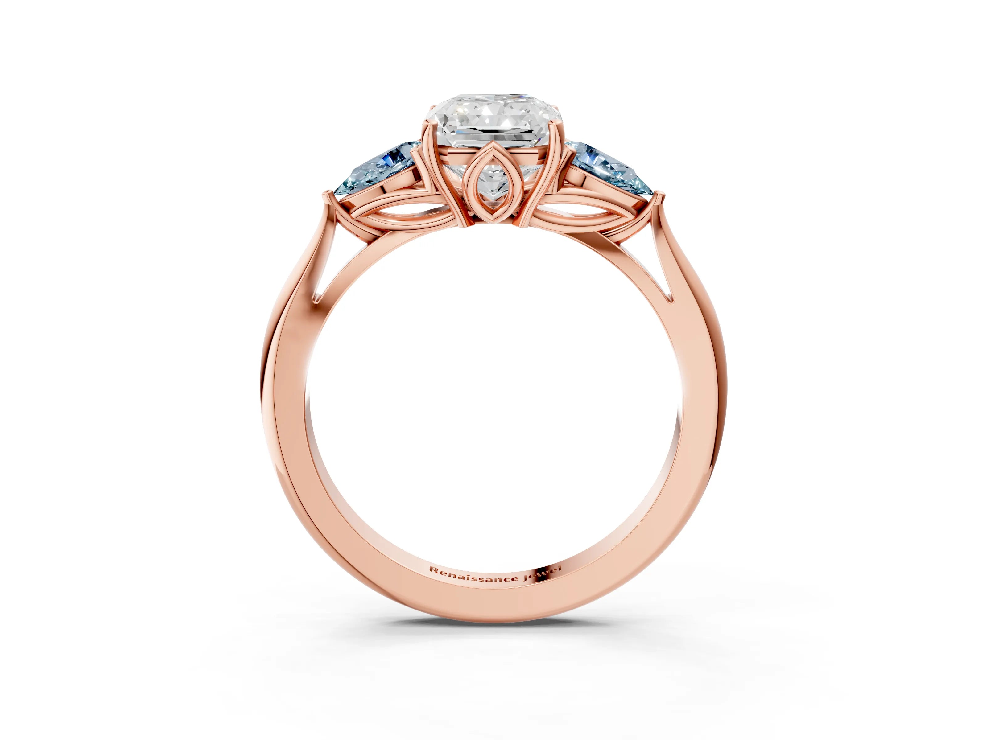 Rose gold Radiant Cut Diamond Three-Stone Ring with Pear with Aquamarine side stone Side Stones and Prong Setting_3