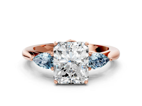 Rose gold Radiant Cut Diamond Three-Stone Ring with Pear with Aquamarine side stone Side Stones and Prong Setting