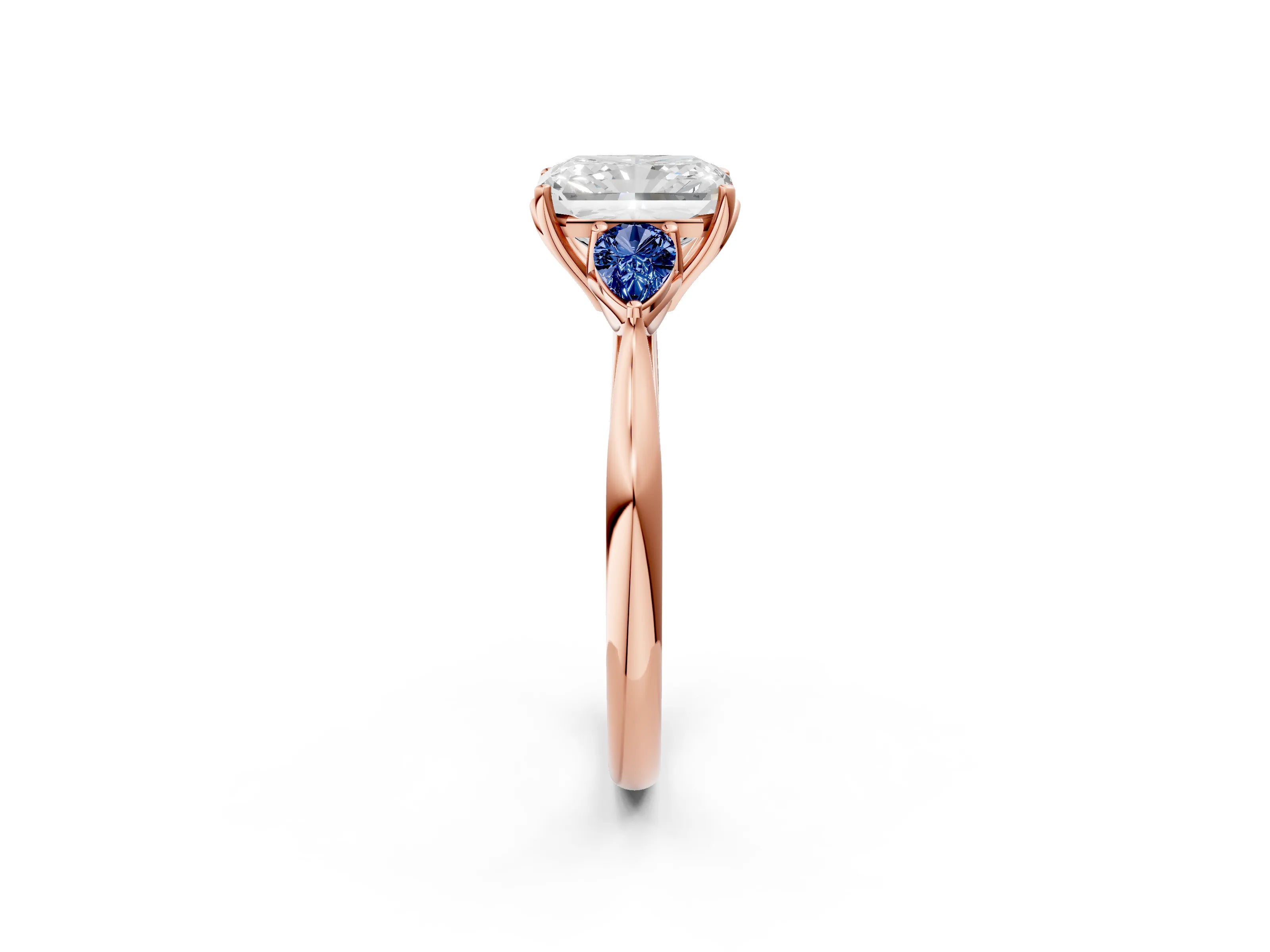 Rose gold Radiant Cut Diamond Three-Stone Ring with Pear with Blue Sapphire side stone Side Stones and Prong Setting_2