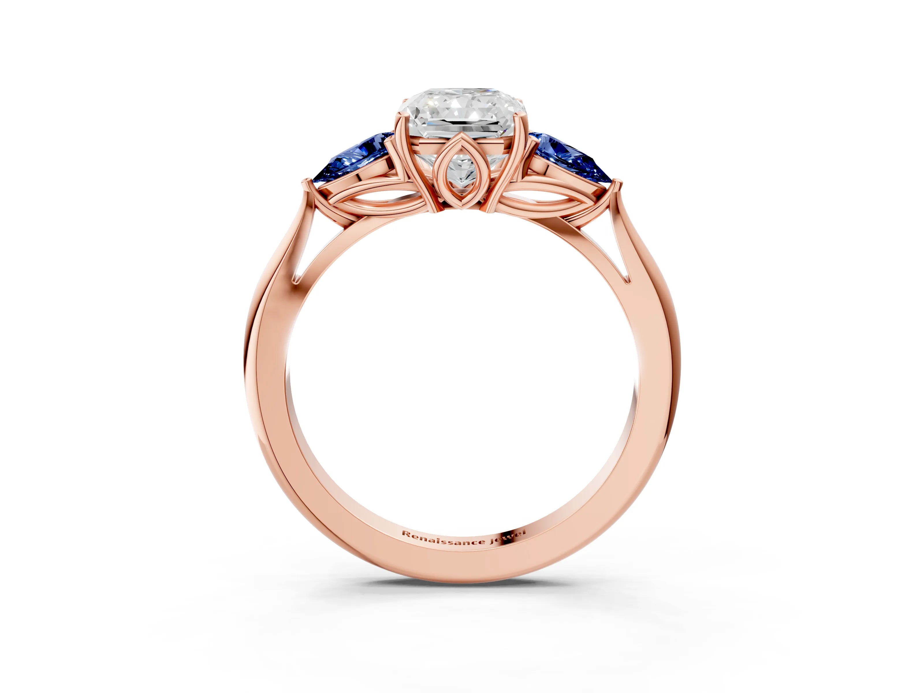 Rose gold Radiant Cut Diamond Three-Stone Ring with Pear with Blue Sapphire side stone Side Stones and Prong Setting_3