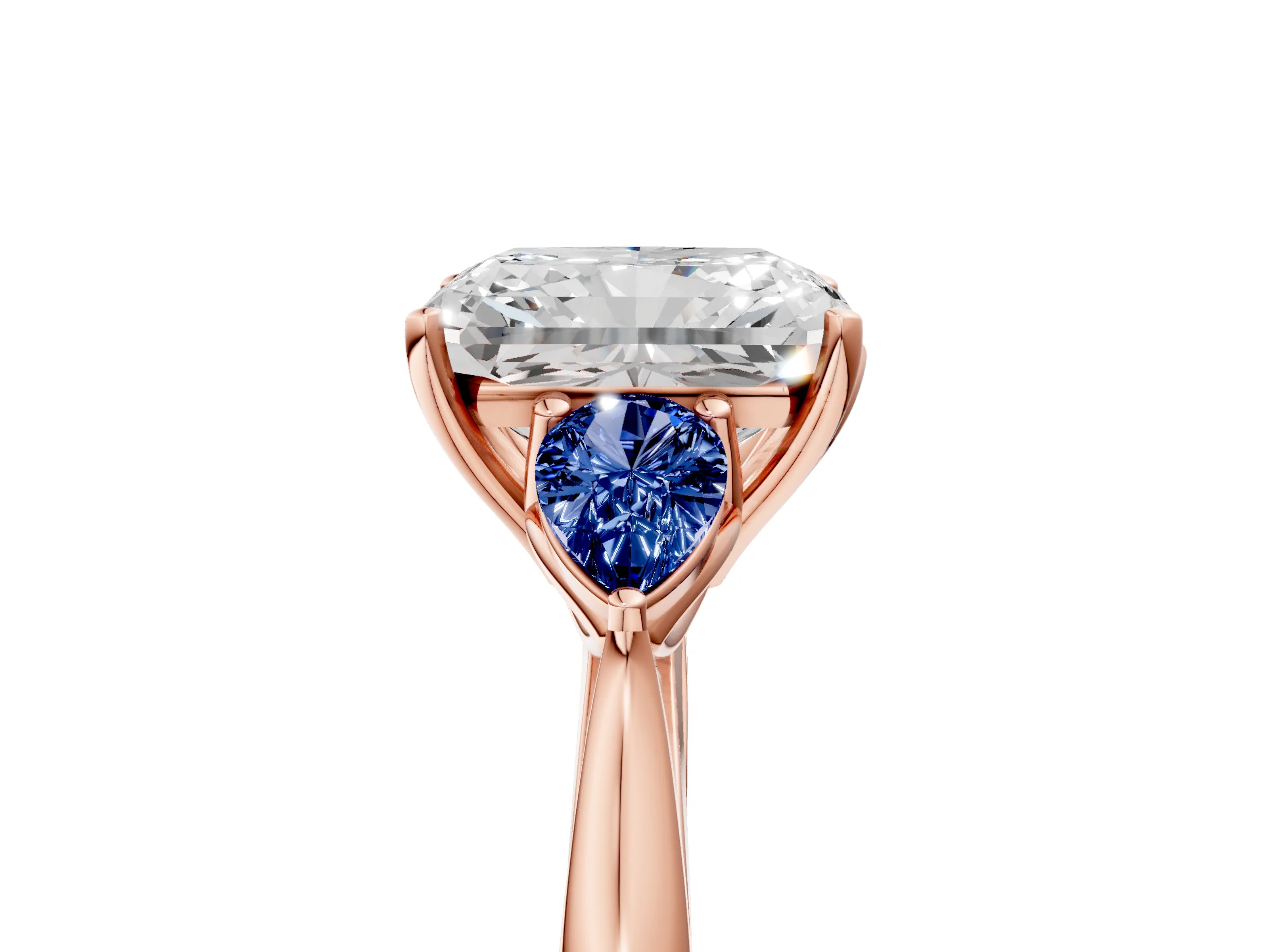 Rose gold Radiant Cut Diamond Three-Stone Ring with Pear with Blue Sapphire side stone Side Stones and Prong Setting_5