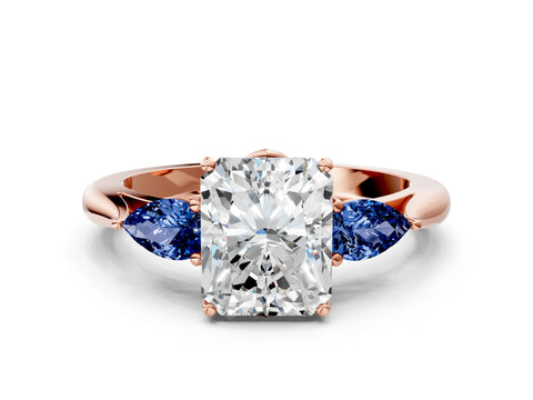 Rose gold Radiant Cut Diamond Three-Stone Ring with Pear with Blue Sapphire side stone Side Stones and Prong Setting
