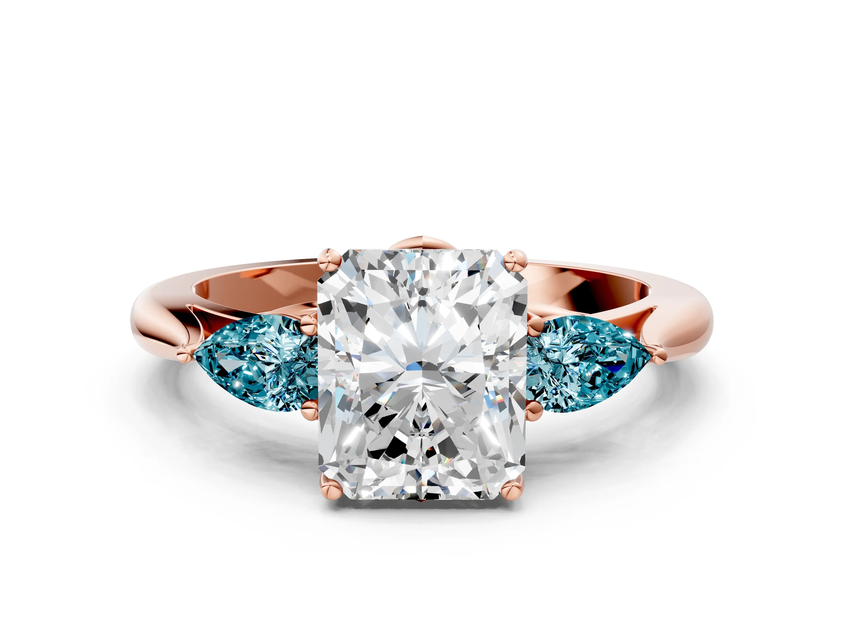 Rose gold Radiant Cut Diamond Three-Stone Ring with Pear with Blue Topaz side stone Side Stones and Prong Setting