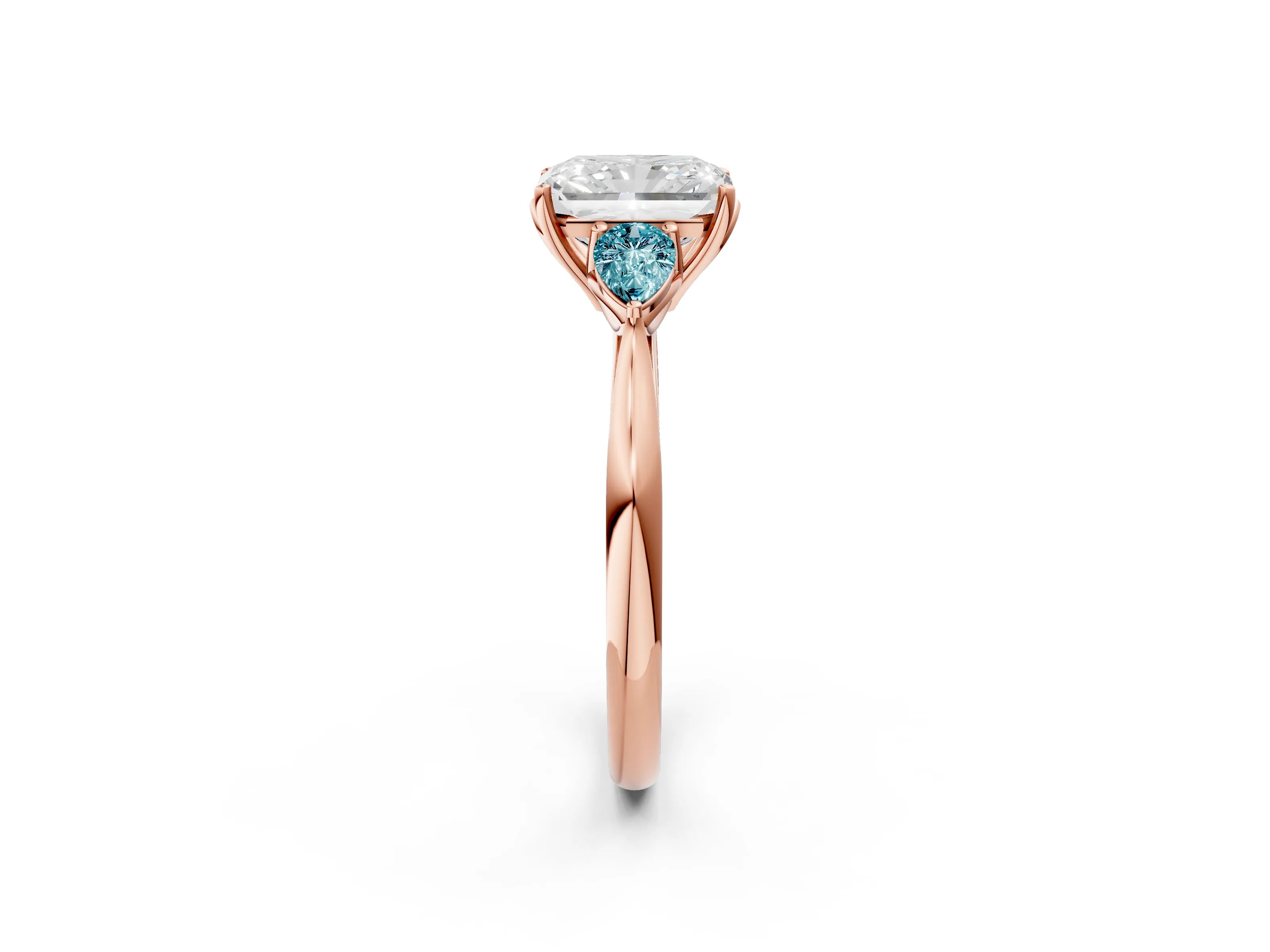 Rose gold Radiant Cut Diamond Three-Stone Ring with Pear with Blue Topaz side stone Side Stones and Prong Setting_2
