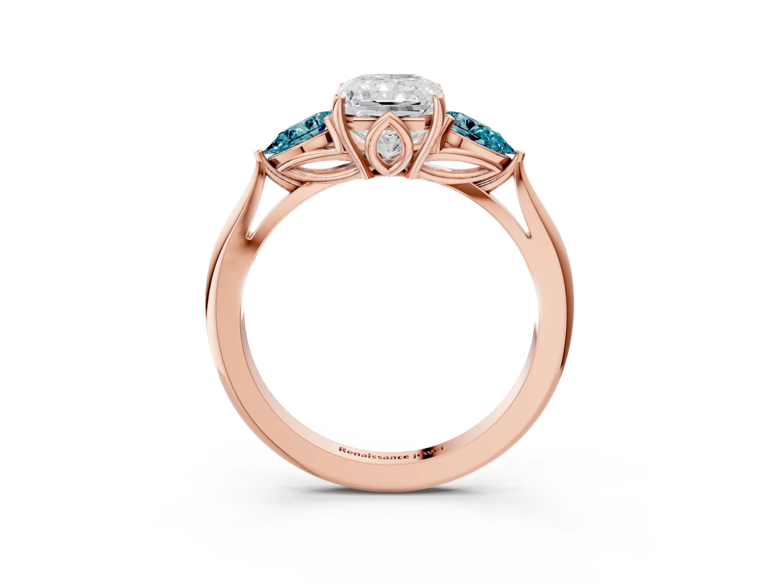 Rose gold Radiant Cut Diamond Three-Stone Ring with Pear with Blue Topaz side stone Side Stones and Prong Setting_3