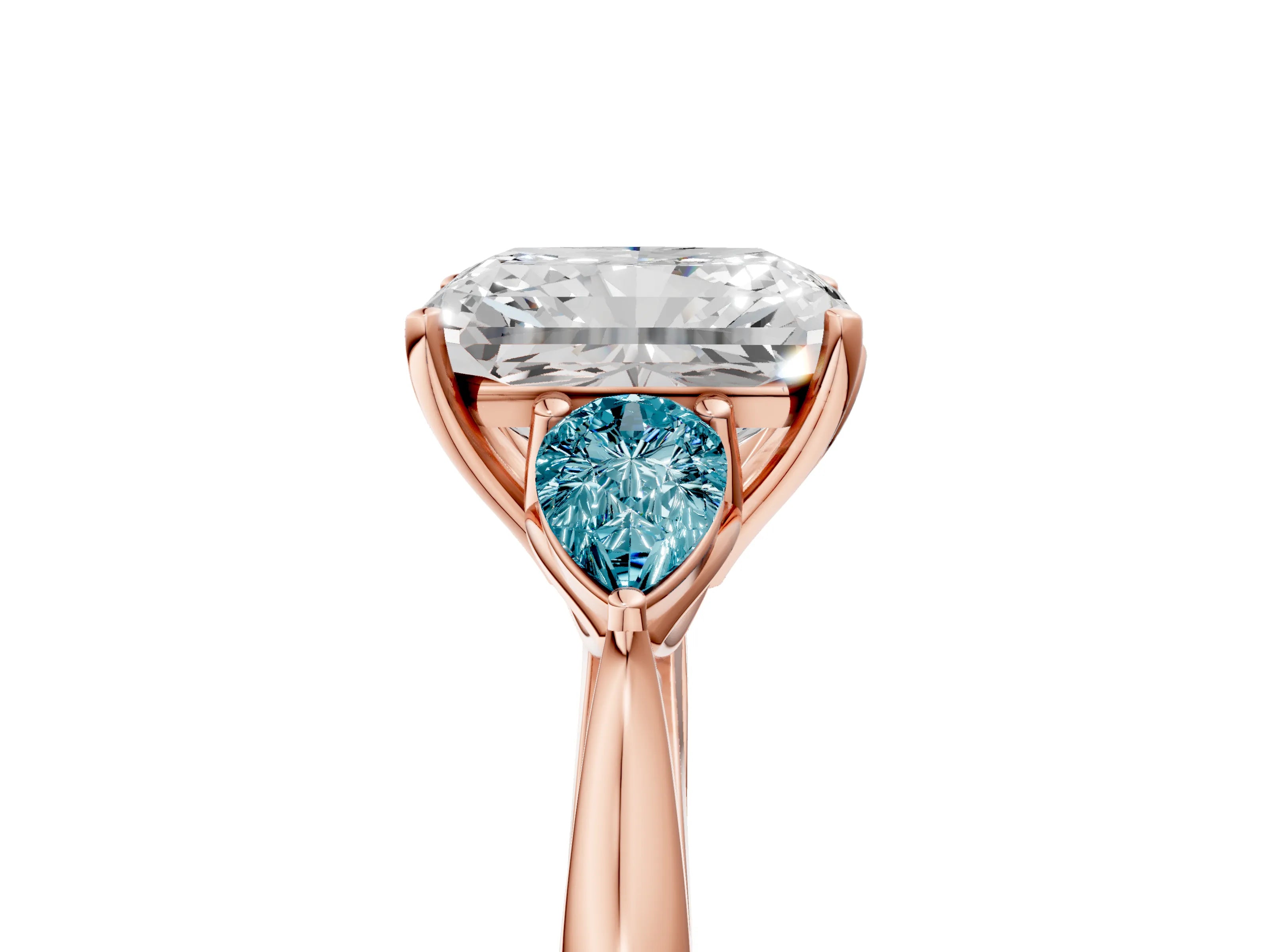 Rose gold Radiant Cut Diamond Three-Stone Ring with Pear with Blue Topaz side stone Side Stones and Prong Setting_5