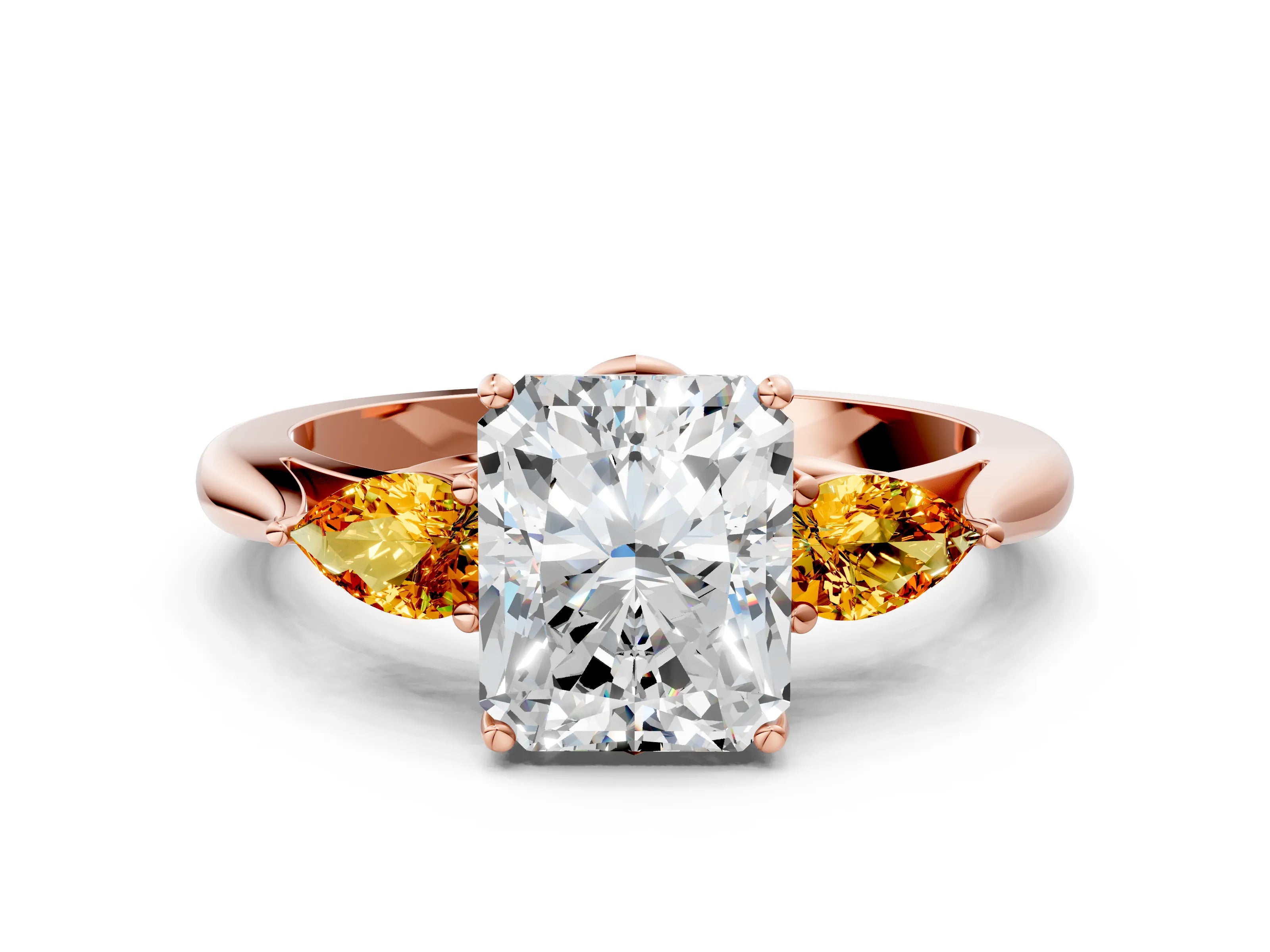 Rose gold Radiant Cut Diamond Three-Stone Ring with Pear with Citrine side stone Side Stones and Prong Setting