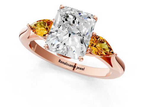 Rose gold Radiant Cut Diamond Three-Stone Ring with Pear with Citrine side stone Side Stones and Prong Setting_1