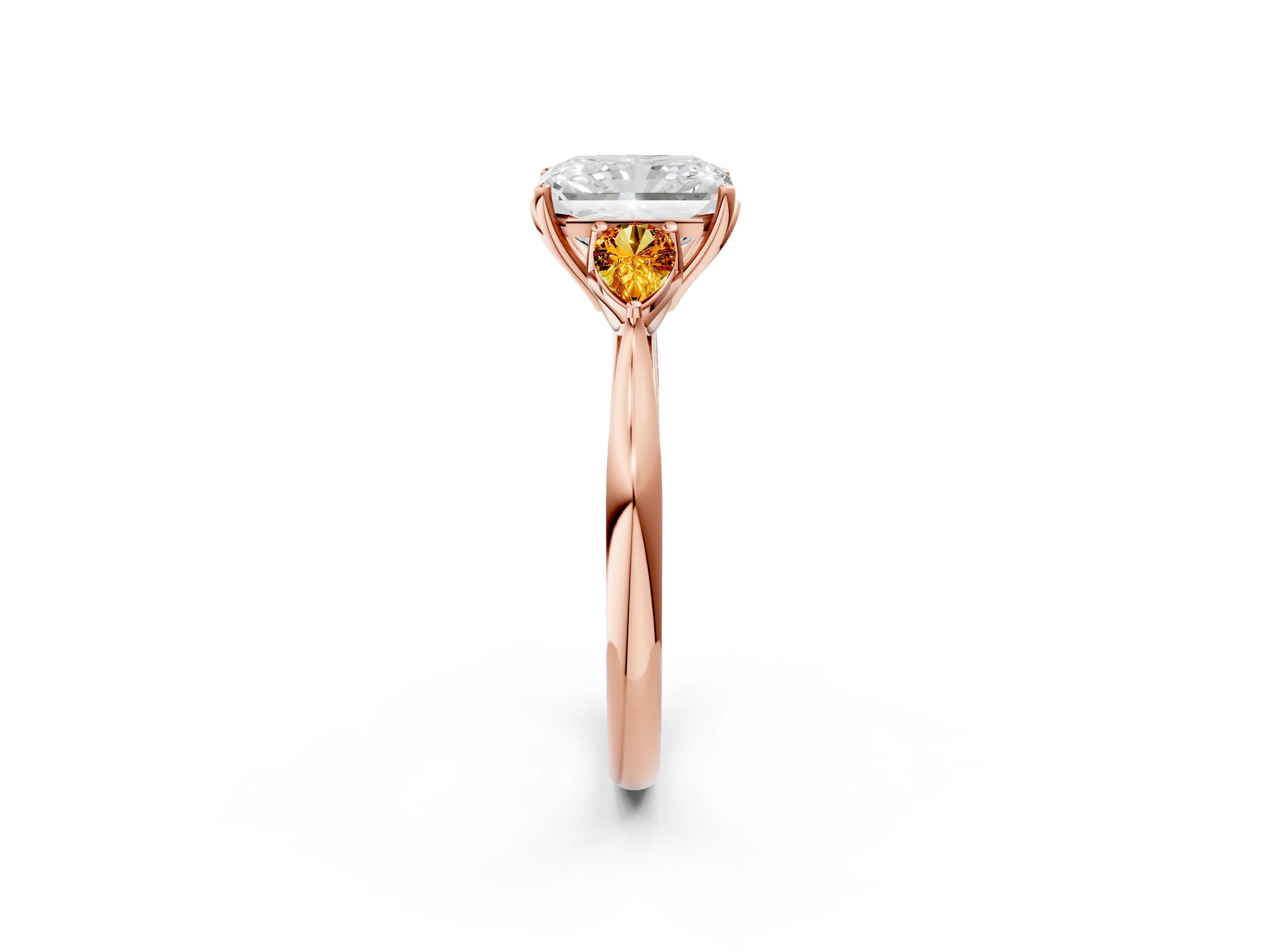 Rose gold Radiant Cut Diamond Three-Stone Ring with Pear with Citrine side stone Side Stones and Prong Setting_2