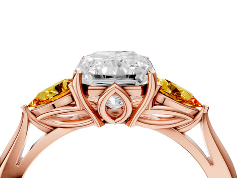 Rose gold Radiant Cut Diamond Three-Stone Ring with Pear with Citrine side stone Side Stones and Prong Setting_4