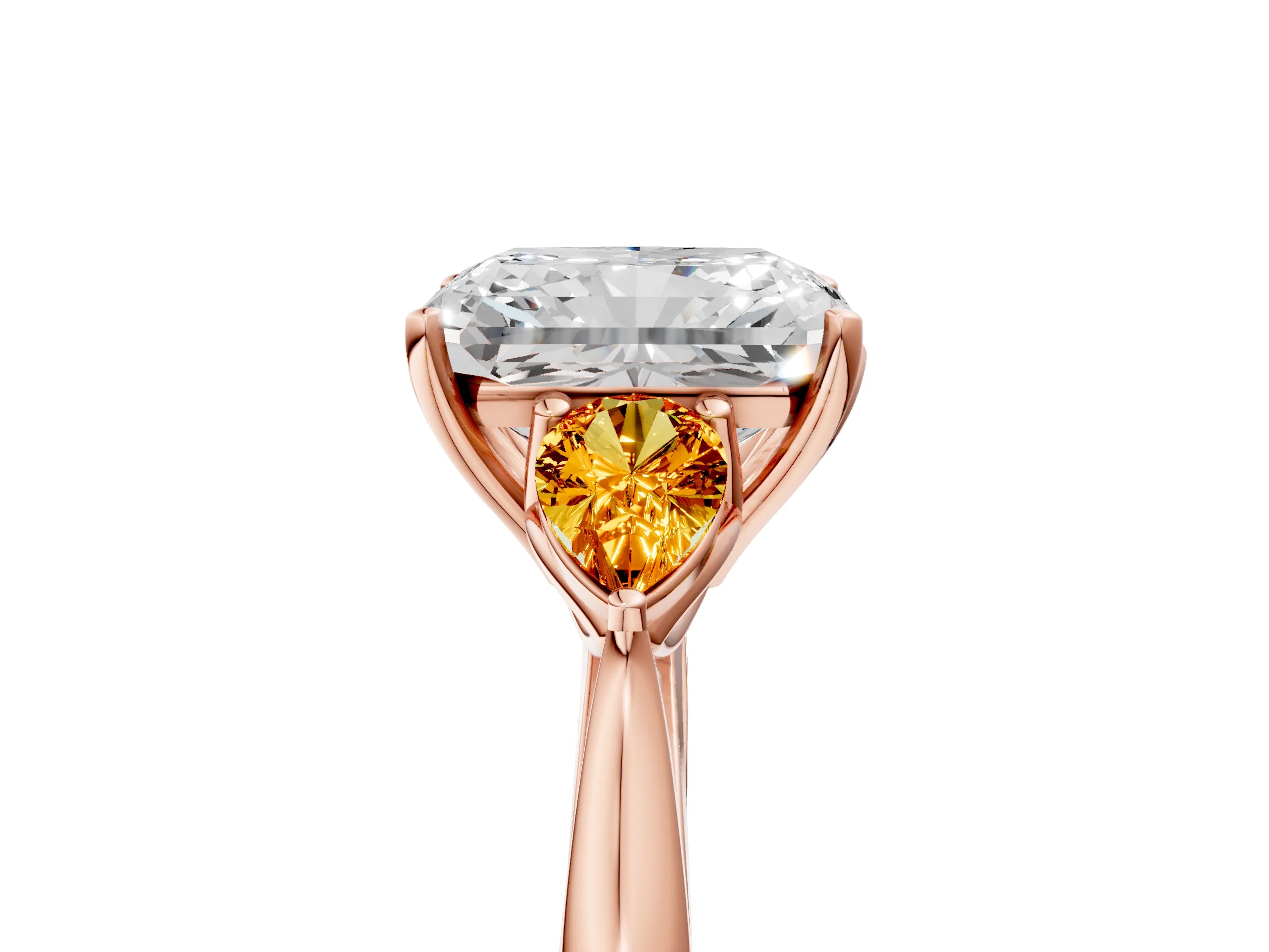Rose gold Radiant Cut Diamond Three-Stone Ring with Pear with Citrine side stone Side Stones and Prong Setting_5