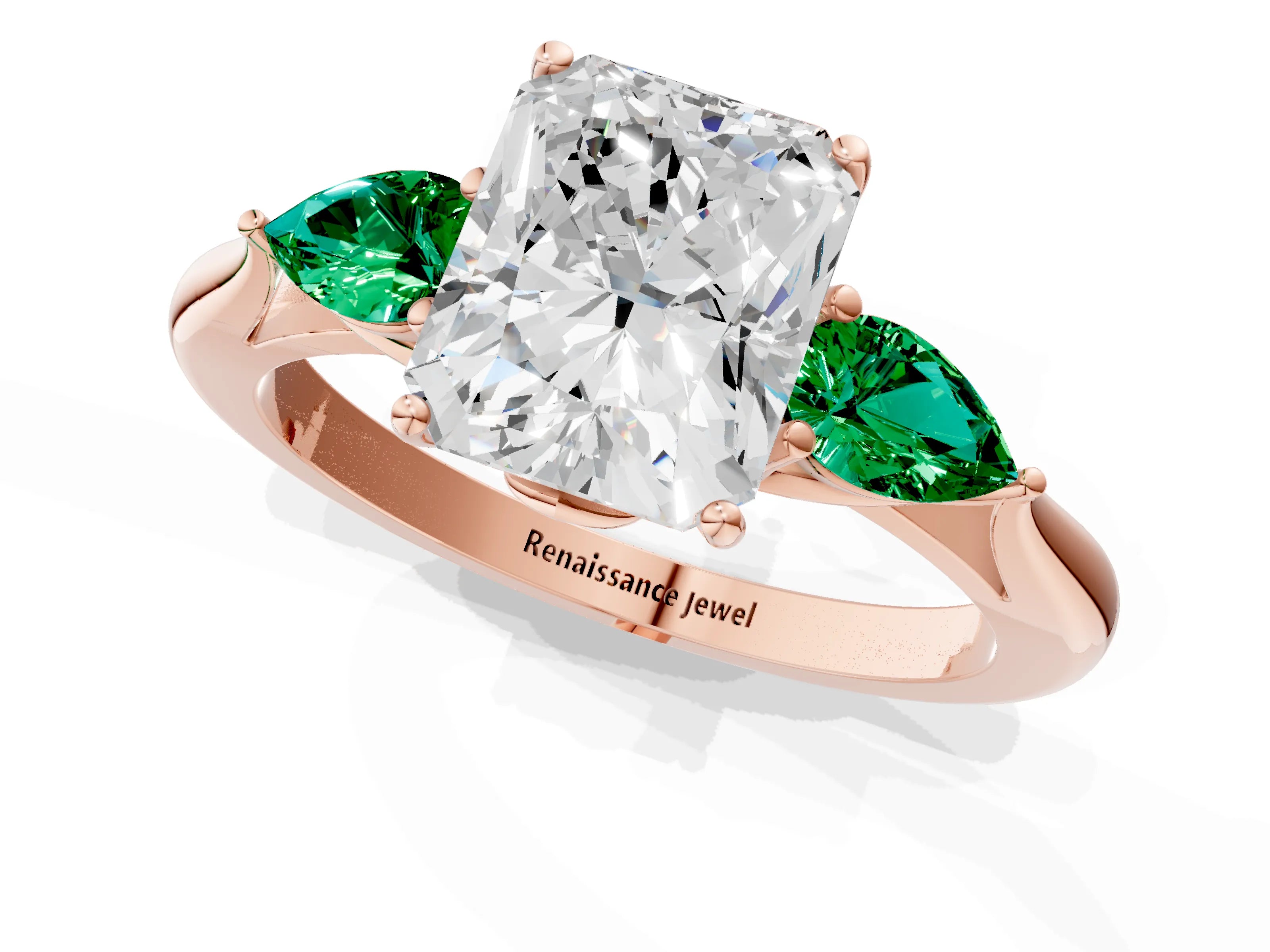 Rose gold Radiant Cut Diamond Three-Stone Ring with Pear with Emerald side stone Side Stones and Prong Setting_1