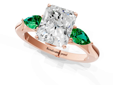 Rose gold Radiant Cut Diamond Three-Stone Ring with Pear with Emerald side stone Side Stones and Prong Setting_1