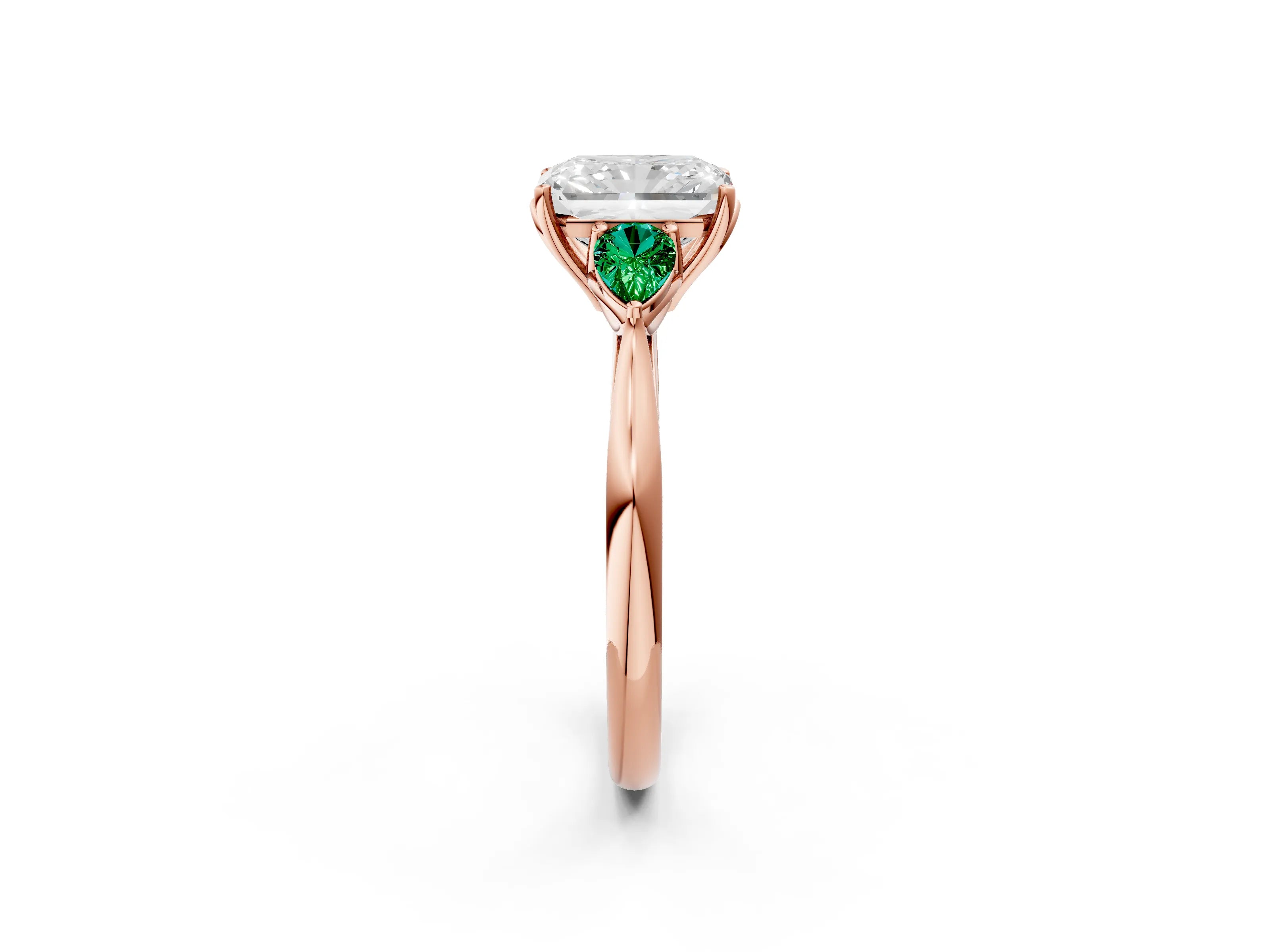 Rose gold Radiant Cut Diamond Three-Stone Ring with Pear with Emerald side stone Side Stones and Prong Setting_2