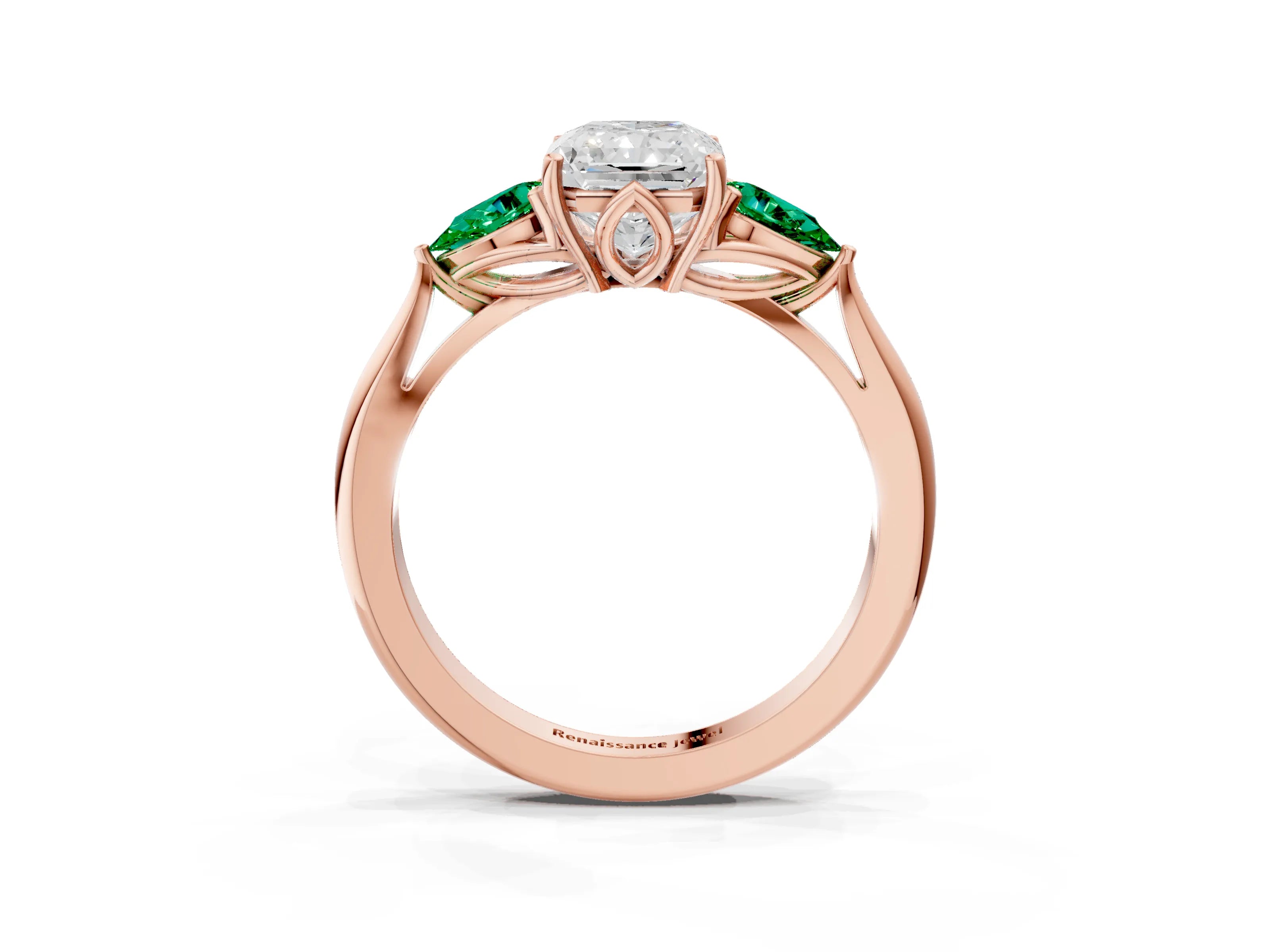 Rose gold Radiant Cut Diamond Three-Stone Ring with Pear with Emerald side stone Side Stones and Prong Setting_3