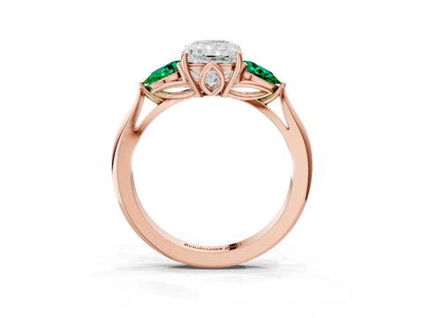 Rose gold Radiant Cut Diamond Three-Stone Ring with Pear with Emerald side stone Side Stones and Prong Setting_3